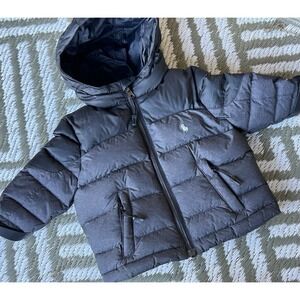 $269 Polo Ralph Lauren baby hooded puffer down jacket in black and grey 9 Months